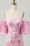 Strapless Printed Pink Tight Removable Sleeves Homecoming Dress with Lace Up Back