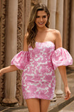 Strapless Printed Pink Removable Sleeves Tight Homecoming Dress