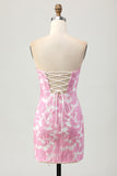 Strapless Printed Pink Tight Removable Sleeves Homecoming Dress with Lace Up Back