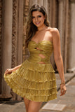 Golden A-line Cut Out Strapless Tiered Pleated Homecoming Dress