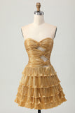 Golden A-line Cut Out Strapless Tiered Pleated Homecoming Dress