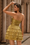 Golden A-line Cut Out Strapless Tiered Pleated Homecoming Dress