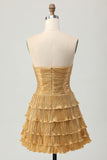 Golden A-line Cut Out Strapless Tiered Pleated Homecoming Dress