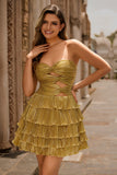 Golden A-line Cut Out Strapless Tiered Pleated Homecoming Dress
