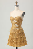 Golden Tiered Cut Out Pleated A-line Strapless Homecoming Dress