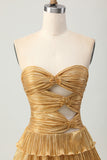 Golden Tiered Cut Out Pleated A-line Strapless Homecoming Dress