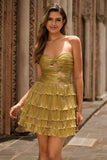 Golden A-line Cut Out Strapless Tiered Pleated Homecoming Dress