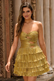 Golden A-line Cut Out Strapless Tiered Pleated Homecoming Dress