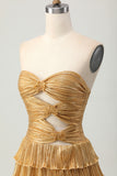Golden Tiered Cut Out Pleated A-line Strapless Homecoming Dress