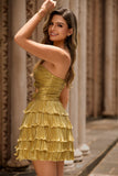 Golden A-line Cut Out Strapless Tiered Pleated Homecoming Dress