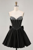 Sparkly Black A-Line Strapless Corset Beaded Short Homecoming Dress with Bow