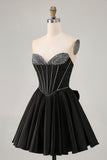 Sparkly Black A-Line Strapless Corset Beaded Short Homecoming Dress with Bow