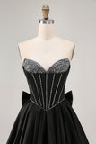 Sparkly Black A-Line Strapless Corset Beaded Short Homecoming Dress with Bow