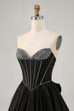 Sparkly Black A-Line Strapless Corset Beaded Short Homecoming Dress with Bow