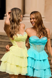 A Line Strapless Tiered Corset Beaded Green Homecoming Dress