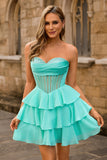 A Line Strapless Tiered Corset Beaded Green Homecoming Dress