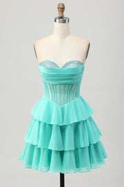 Strapless A Line Tiered Corset Beaded Green Homecoming Dress