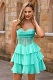 Strapless Yellow A Line Tiered Corset Beaded Homecoming Dress