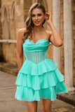 A Line Strapless Tiered Corset Beaded Green Homecoming Dress