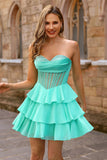 Strapless Yellow A Line Tiered Corset Beaded Homecoming Dress