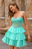 Strapless Yellow A Line Tiered Corset Beaded Homecoming Dress