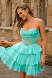 A Line Strapless Tiered Corset Beaded Green Homecoming Dress