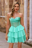 Strapless Yellow A Line Tiered Corset Beaded Homecoming Dress