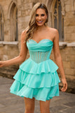 A Line Strapless Tiered Corset Beaded Green Homecoming Dress