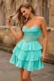 A Line Strapless Tiered Corset Beaded Green Homecoming Dress