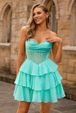 Strapless A Line Tiered Corset Beaded Green Homecoming Dress
