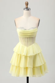 Yellow A Line Strapless Tiered Corset Beaded Homecoming Dress