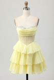 Strapless Yellow A Line Tiered Corset Beaded Homecoming Dress