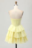 Strapless Yellow A Line Tiered Corset Beaded Homecoming Dress