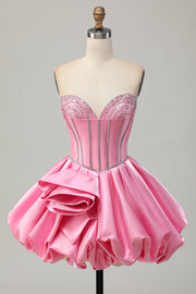 Pink Corset A Line Ruffled Short Homecoming Dress with Beading