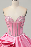 Pink Corset A Line Ruffled Short Homecoming Dress with Beading