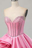 Pink Corset A Line Ruffled Short Homecoming Dress with Beading