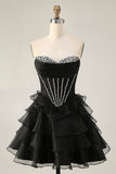 Black Strapless Corset Tiered A Line Short Homecoming Dress with Beading
