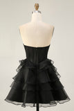 Black Strapless Corset Tiered A Line Short Homecoming Dress with Beading