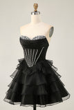 Black Strapless Corset Tiered A Line Short Homecoming Dress with Beading