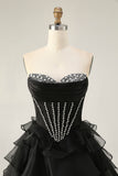 Black Strapless Corset Tiered A Line Short Homecoming Dress with Beading
