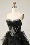 Black Strapless Corset Tiered A Line Short Homecoming Dress with Beading