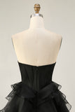 Black Strapless Corset Tiered A Line Short Homecoming Dress with Beading