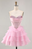 Pink A Line Sweetheart Tiered Corset Short Homecoming Dress