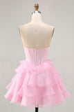 Pink A Line Sweetheart Tiered Corset Short Homecoming Dress