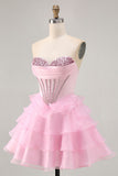 Pink A Line Sweetheart Tiered Corset Short Homecoming Dress