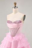 Pink A Line Sweetheart Tiered Corset Short Homecoming Dress