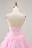 Pink A Line Sweetheart Tiered Corset Short Homecoming Dress
