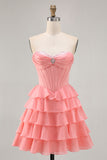 Cute Blush A-Line Strapless Corset Tiered Short Homecoming Dress with Beading