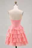 Cute Blush A-Line Strapless Corset Tiered Short Homecoming Dress with Beading