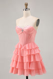 Cute Blush A-Line Strapless Corset Tiered Short Homecoming Dress with Beading